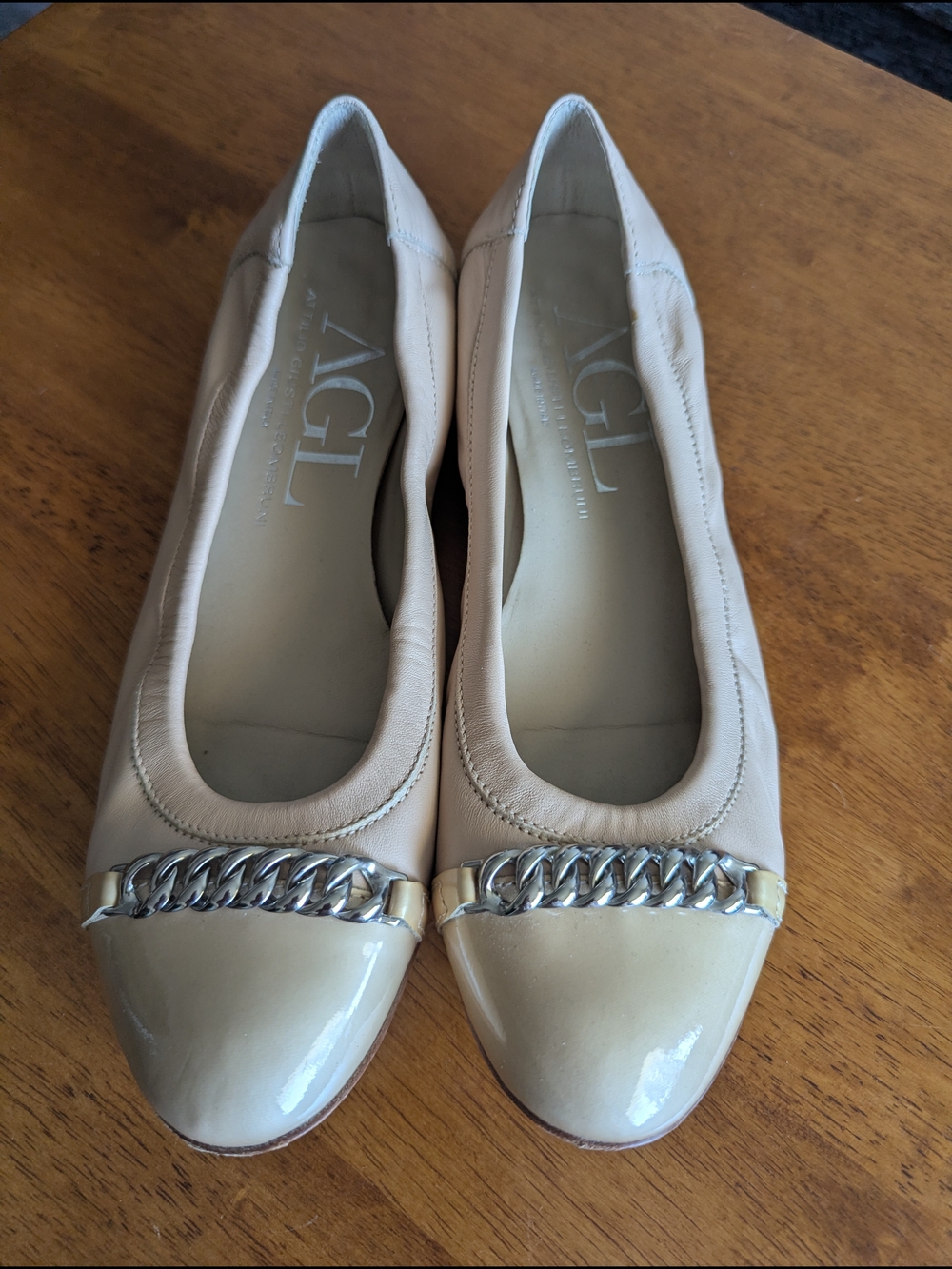AGL Beige Chain-Trim Leather Ballet Flats